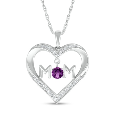 4.0mm Amethyst and White Lab-Created Sapphire "MOM" Heart Pendant in Sterling Silver