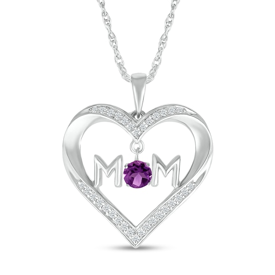 4.0mm Amethyst and White Lab-Created Sapphire "MOM" Heart Pendant in Sterling Silver