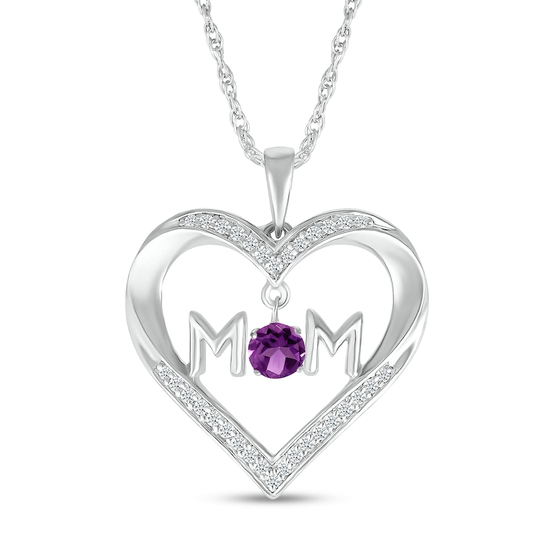 4.0mm Amethyst and White Lab-Created Sapphire "MOM" Heart Pendant in Sterling Silver|Peoples Jewellers