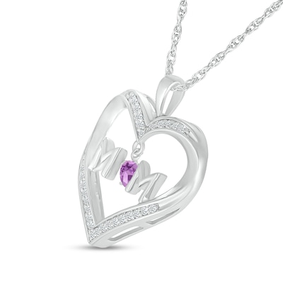 4.0mm Amethyst and White Lab-Created Sapphire "MOM" Heart Pendant in Sterling Silver