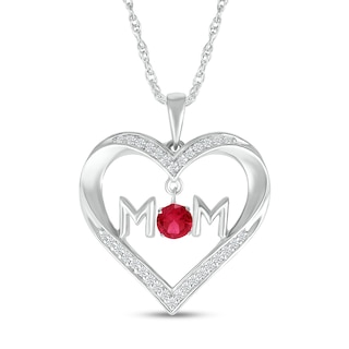 4.0mm Lab-Created Ruby and White Lab-Created Sapphire "MOM" Heart Pendant in Sterling Silver