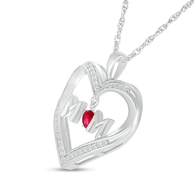 4.0mm Lab-Created Ruby and White Lab-Created Sapphire "MOM" Heart Pendant in Sterling Silver