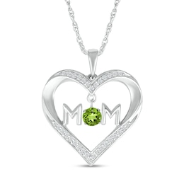 4.0mm Peridot and White Lab-Created Sapphire &quot;MOM&quot; Heart Pendant in Sterling Silver