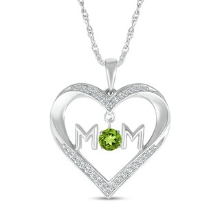 4.0mm Peridot and White Lab-Created Sapphire "MOM" Heart Pendant in Sterling Silver