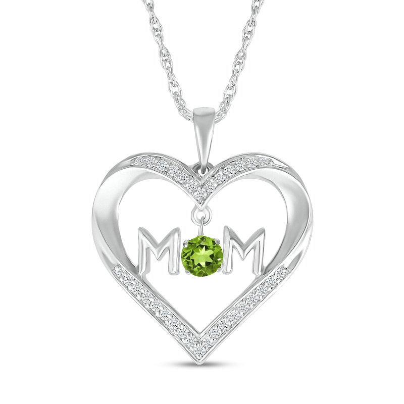 4.0mm Peridot and White Lab-Created Sapphire "MOM" Heart Pendant in Sterling Silver|Peoples Jewellers