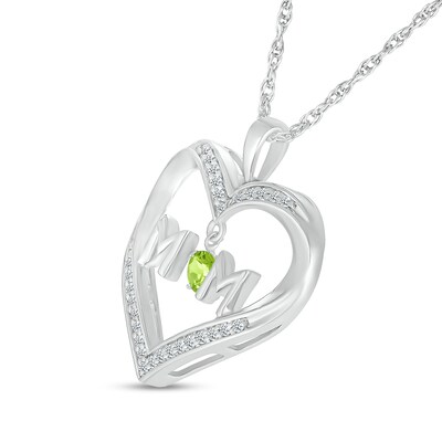 4.0mm Peridot and White Lab-Created Sapphire "MOM" Heart Pendant in Sterling Silver