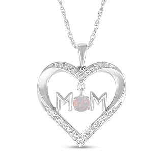 4.0mm Lab-Created Opal and White Lab-Created Sapphire "MOM" Heart Pendant in Sterling Silver