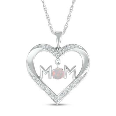 4.0mm Lab-Created Opal and White Lab-Created Sapphire "MOM" Heart Pendant in Sterling Silver