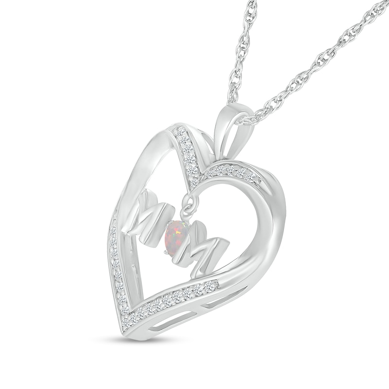 4.0mm Lab-Created Opal and White Lab-Created Sapphire "MOM" Heart Pendant in Sterling Silver|Peoples Jewellers