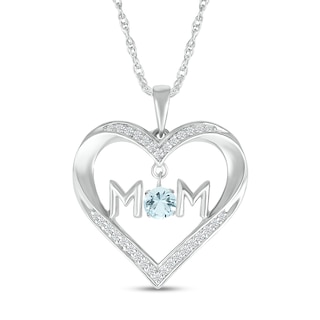 4.0mm Aquamarine and White Lab-Created Sapphire "MOM" Heart Pendant in Sterling Silver