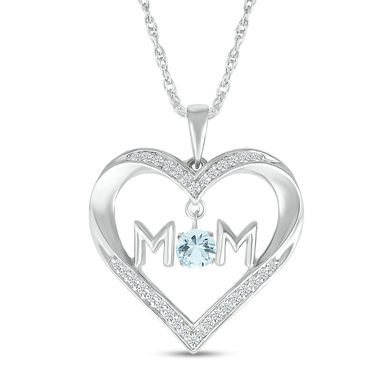 4.0mm Aquamarine and White Lab-Created Sapphire "MOM" Heart Pendant in Sterling Silver|Peoples Jewellers