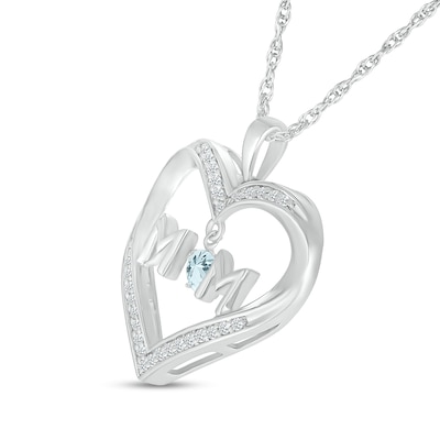 4.0mm Aquamarine and White Lab-Created Sapphire "MOM" Heart Pendant in Sterling Silver