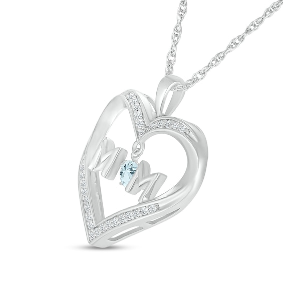 4.0mm Aquamarine and White Lab-Created Sapphire "MOM" Heart Pendant in Sterling Silver