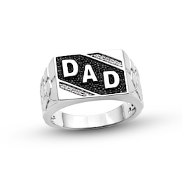 0.25 CT. T.W. Black and White Diamond Slant &quot;DAD&quot; Rectangle-Top Nugget Ring in Sterling Silver