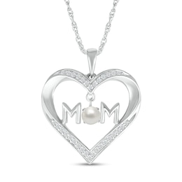 4.0mm Freshwater Cultured Pearl and White Lab-Created Sapphire &quot;MOM&quot; Heart Pendant in Sterling Silver