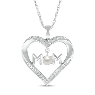 4.0mm Freshwater Cultured Pearl and White Lab-Created Sapphire "MOM" Heart Pendant in Sterling Silver