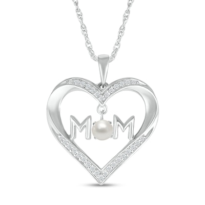 4.0mm Freshwater Cultured Pearl and White Lab-Created Sapphire "MOM" Heart Pendant in Sterling Silver