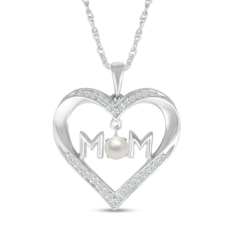 4.0mm Freshwater Cultured Pearl and White Lab-Created Sapphire "MOM" Heart Pendant in Sterling Silver|Peoples Jewellers