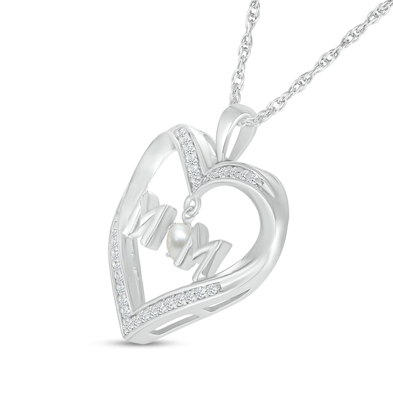 4.0mm Freshwater Cultured Pearl and White Lab-Created Sapphire "MOM" Heart Pendant in Sterling Silver