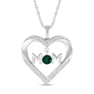 4.0mm Lab-Created Emerald and White Lab-Created Sapphire "MOM" Heart Pendant in Sterling Silver