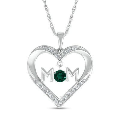 4.0mm Lab-Created Emerald and White Lab-Created Sapphire "MOM" Heart Pendant in Sterling Silver