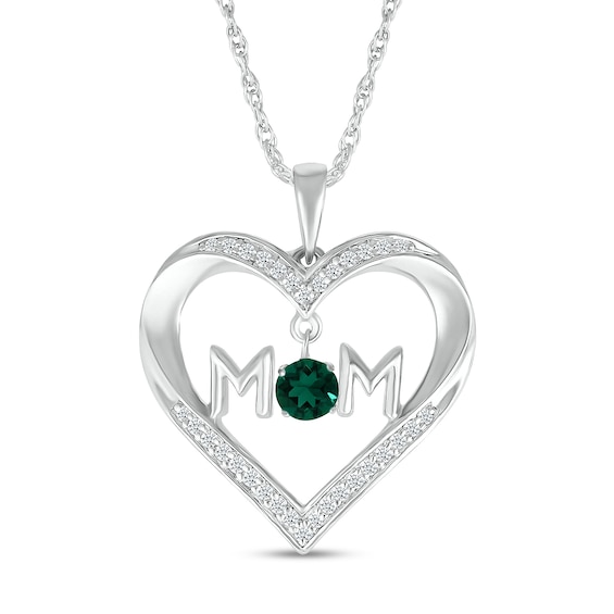 4.0mm Lab-Created Emerald and White Lab-Created Sapphire "MOM" Heart Pendant in Sterling Silver