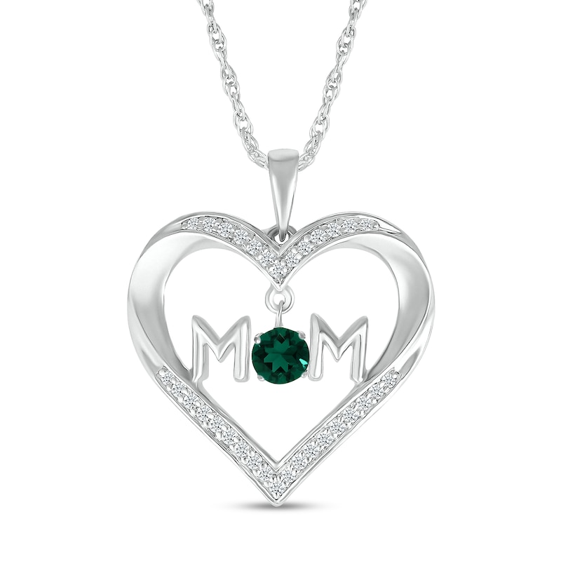 4.0mm Lab-Created Emerald and White Lab-Created Sapphire "MOM" Heart Pendant in Sterling Silver|Peoples Jewellers