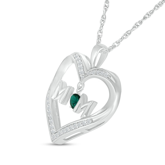 4.0mm Lab-Created Emerald and White Lab-Created Sapphire "MOM" Heart Pendant in Sterling Silver