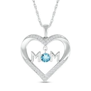 4.0mm Swiss Blue Topaz and White Lab-Created Sapphire "MOM" Heart Pendant in Sterling Silver