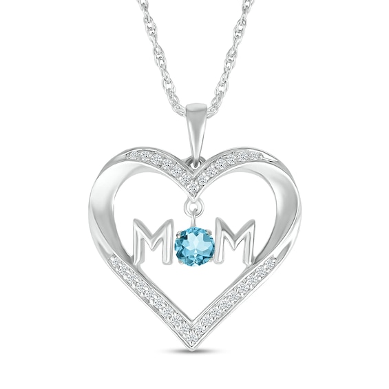 4.0mm Swiss Blue Topaz and White Lab-Created Sapphire "MOM" Heart Pendant in Sterling Silver