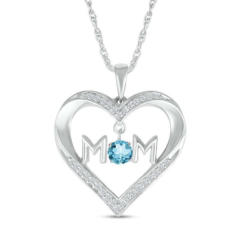 4.0mm Swiss Blue Topaz and White Lab-Created Sapphire "MOM" Heart Pendant in Sterling Silver|Peoples Jewellers