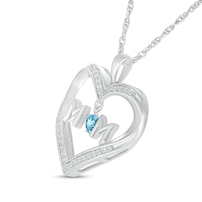 4.0mm Swiss Blue Topaz and White Lab-Created Sapphire "MOM" Heart Pendant in Sterling Silver