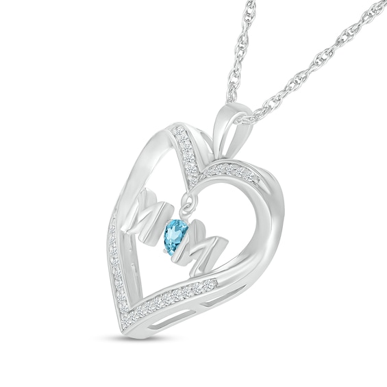 4.0mm Swiss Blue Topaz and White Lab-Created Sapphire "MOM" Heart Pendant in Sterling Silver