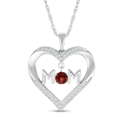 4.0mm Garnet and White Lab-Created Sapphire "MOM" Heart Pendant in Sterling Silver