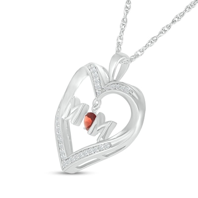 4.0mm Garnet and White Lab-Created Sapphire "MOM" Heart Pendant in Sterling Silver