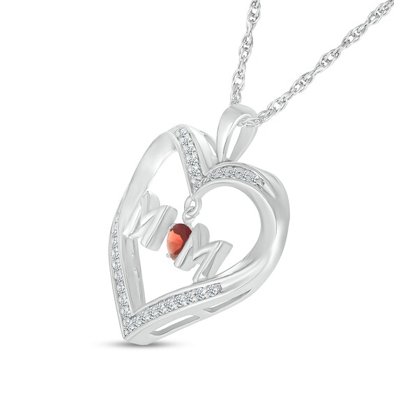 4.0mm Garnet and White Lab-Created Sapphire "MOM" Heart Pendant in Sterling Silver