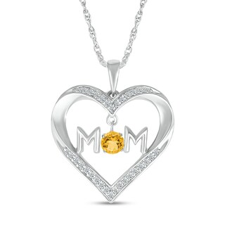 4.0mm Citrine and White Lab-Created Sapphire "MOM" Heart Pendant in Sterling Silver