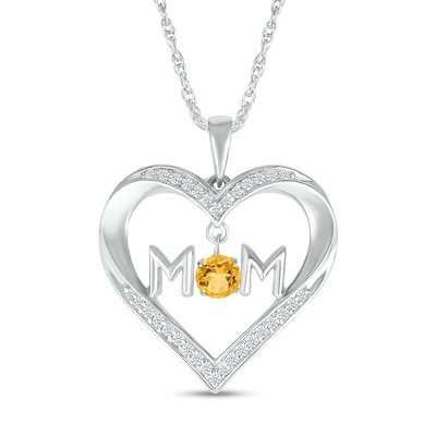 4.0mm Citrine and White Lab-Created Sapphire "MOM" Heart Pendant in Sterling Silver