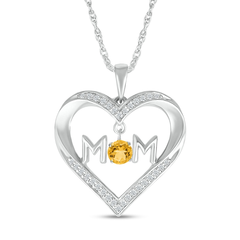 4.0mm Citrine and White Lab-Created Sapphire "MOM" Heart Pendant in Sterling Silver|Peoples Jewellers