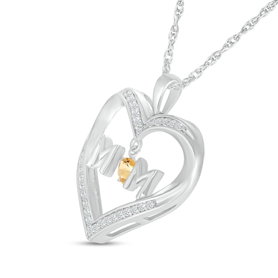 4.0mm Citrine and White Lab-Created Sapphire "MOM" Heart Pendant in Sterling Silver