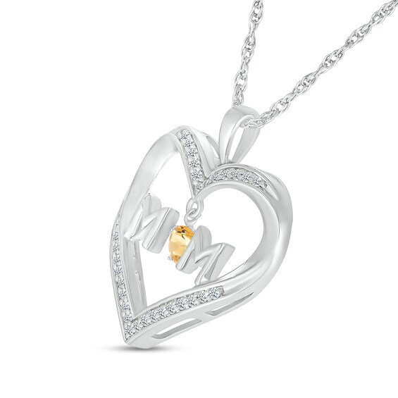 4.0mm Citrine and White Lab-Created Sapphire "MOM" Heart Pendant in Sterling Silver