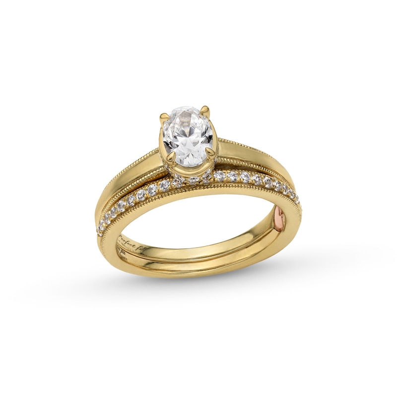 Perfect Fit 1.00 CT. T.W. Oval Certified Lab-Created Diamond Vintage-Style Bridal Set in 14K Gold (F/SI2)|Peoples Jewellers