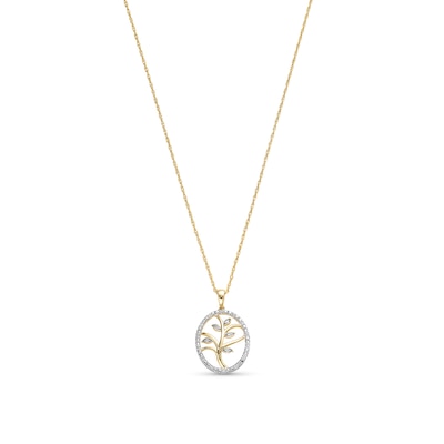 0.08 CT. T.W. Diamond Oval Frame Family Tree Pendant in Sterling Silver with 10K Gold Plate