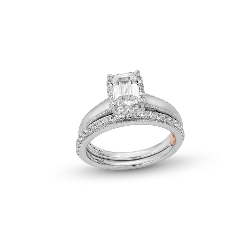 Perfect Fit 1.50 CT. T.W. Emerald-Cut Certified Lab-Created Diamond Vintage-Style Bridal Set in 14K White Gold (F/SI2)
