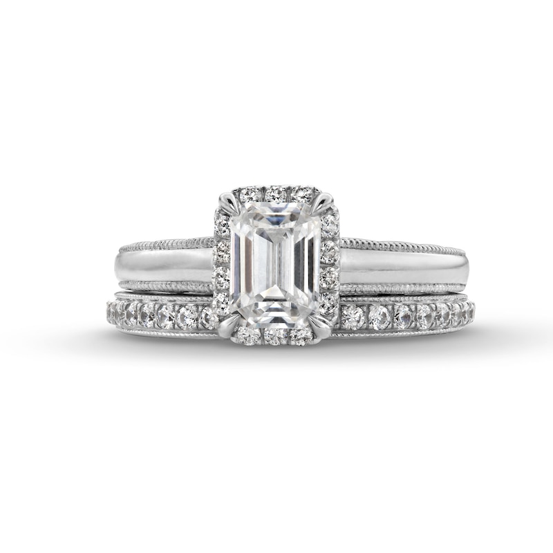 Perfect Fit 1.50 CT. T.W. Emerald-Cut Certified Lab-Created Diamond Vintage-Style Bridal Set in 14K White Gold (F/SI2)