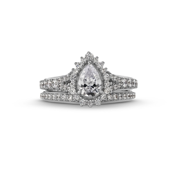 Perfect Fit 1.25 CT. T.W. Pear-Shaped Certified Lab-Created Diamond Sunburst Frame Bridal Set in 14K White Gold (F/SI2)