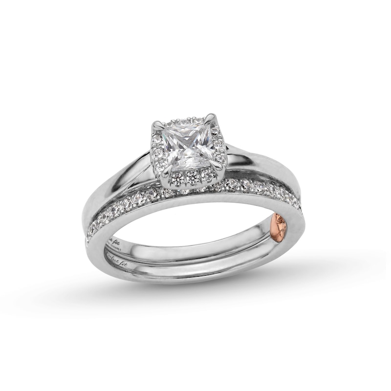 Perfect Fit 1.00 CT. T.W. Princess-Cut Certified Lab-Created Diamond Cushion Frame Bridal Set in 14K White Gold (F/SI2)