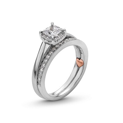 Perfect Fit 1.00 CT. T.W. Princess-Cut Certified Lab-Created Diamond Cushion Frame Bridal Set in 14K White Gold (F/SI2)