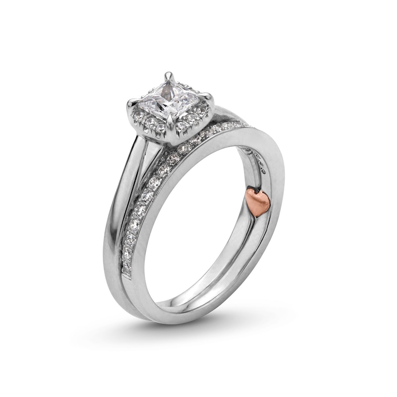 Perfect Fit 1.00 CT. T.W. Princess-Cut Certified Lab-Created Diamond Cushion Frame Bridal Set in 14K White Gold (F/SI2)|Peoples Jewellers