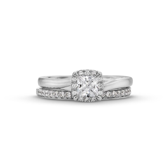 Perfect Fit 1.00 CT. T.W. Princess-Cut Certified Lab-Created Diamond Cushion Frame Bridal Set in 14K White Gold (F/SI2)